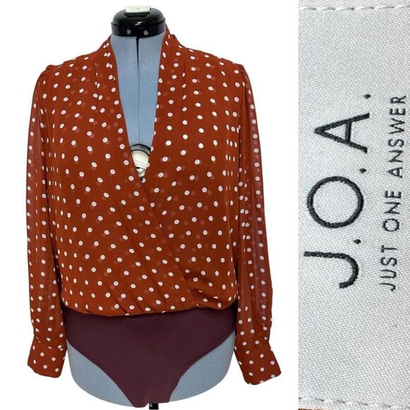J.O.A. Just One Answer Brown Polka Dot Bodysuit Blouse Sheer Sleeve Sz: L - Picture 1 of 10